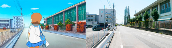 アニメ第14話より　体育館東側道路　左の建物は石井病院さんです