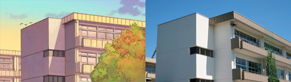 アニメ第19話より　校舎南西角部分　ちょっと画角が違いますが同じ作りですね